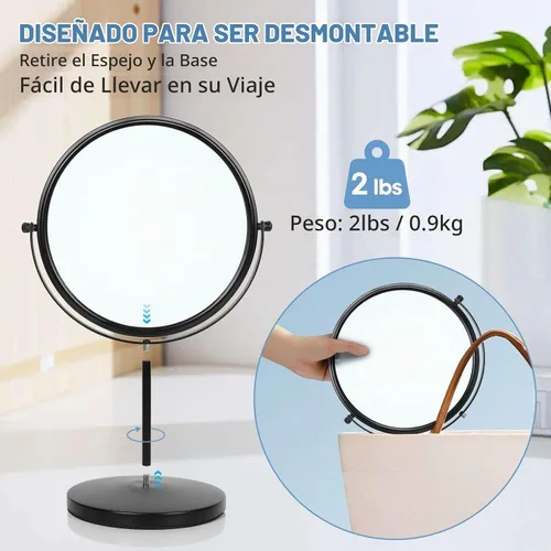 Vista 6 de Espejo de maquillaje de mesa de gran tamaño con aumento, espejo de tocador giratorio de 360° de doble cara de 9 pulgadas, espejo de aumento 1X/10X