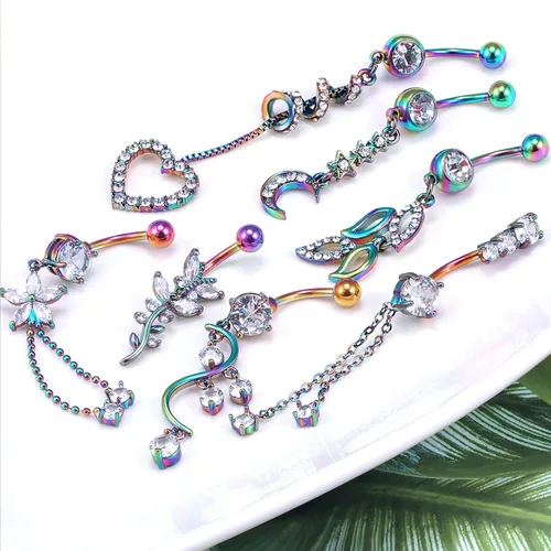 Vista 4 de 7PCS 14G 10mm Stainless Steel Dangle Belly Button Rings for Women Belly Piercing CZ Inlaid
