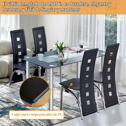 Vista 6 de HomVent Juego de mesa de comedor para 4, pequeño comedor de vidrio templado, mesa de cocina y sillas para espacios pequeños, transparente, blanco
