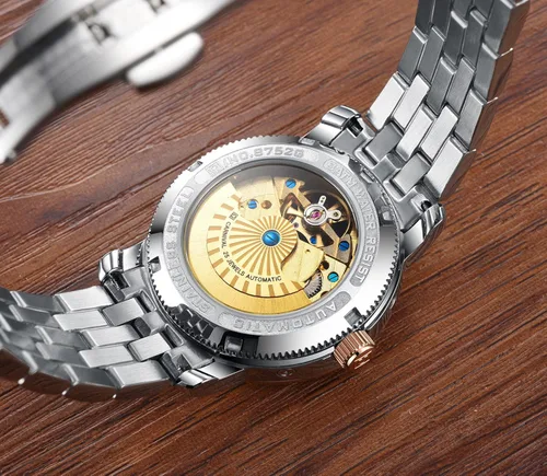 Vista 6 de PASOY Reloj de Hombre Automático Mecánico Tourbillon Acero Inoxidable Stell Fecha Dial Azul Reloj Esqueleto