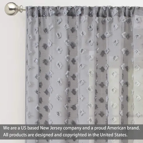 Vista 8 de DriftAway Olivia - Cortinas transparentes de gasa gris de vellón bordado para ventana con pompones, 2 paneles con pliegue para barra de 52 pulgadas