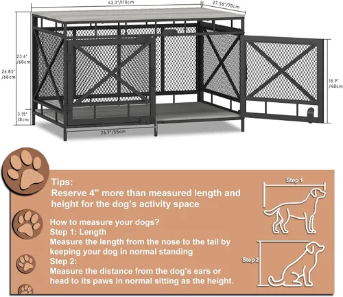 Vista 5 de Muebles de jaula para perros, mesa de madera para perrera, casa grande resistente para perros de interior con tres puertas, 43 pulgadas