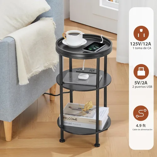 Vista 8 de Mesa auxiliar redonda pequeña con estación de carga para espacios pequeños, mesa decorativa de 3 niveles con puertos USB y tomas de corriente, mesa