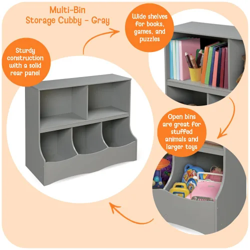 Vista 4 de Badger Basket Organizador de almacenamiento de juguetes de múltiples contenedores y estante de libros para niños - gris Toy organizer with 3