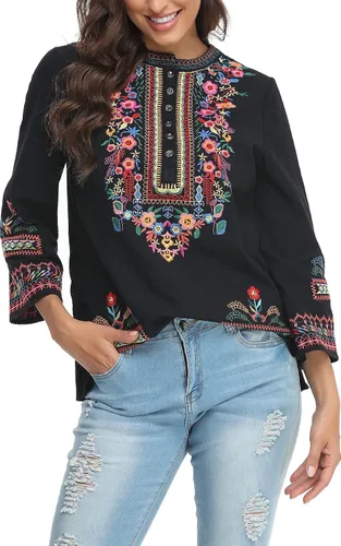Vista 6 de YZXDORWJ Camisa bordada mexicana para mujer