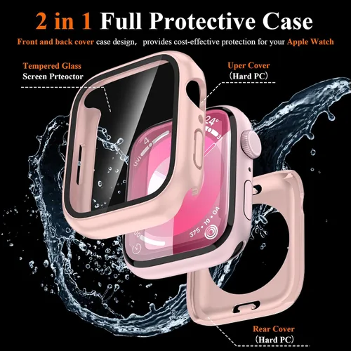 Vista 2 de YMHML Funda para Apple Watch Series 9/8/7 de 1.614 pulgadas, protector de pantalla de vidrio templado 360, cubierta frontal de policarbonato duro +