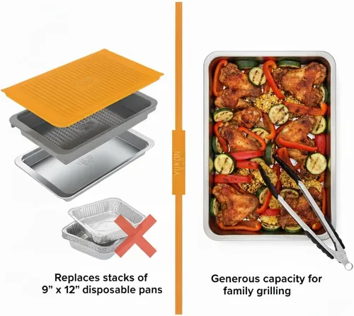Vista 4 de Yukon Glory Prep 'N Serve - Juego de bandeja para preparar y servir BBQ con tapa + Plato para servir de acero inoxidable - Apilable, apto