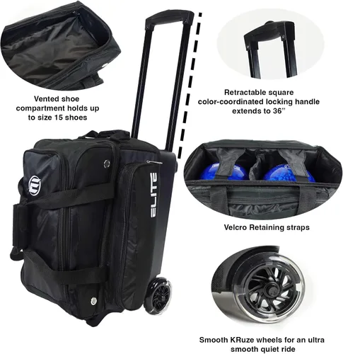Vista 3 de ELITE Bolsa de bolos Deluxe de 2 bolas con ruedas lisas de 5 pulgadas, bolsillo grande para accesorios, compartimento para zapatos, mango extensible
