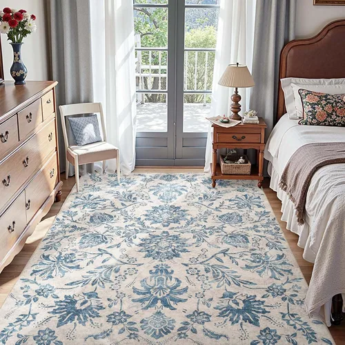 Vista 222 de jinchan Lima - Alfombra simétrica floral geométrica lavable, alfombra de entrada de medio círculo de 2 x 3, alfombra de media luna, suave y Azul