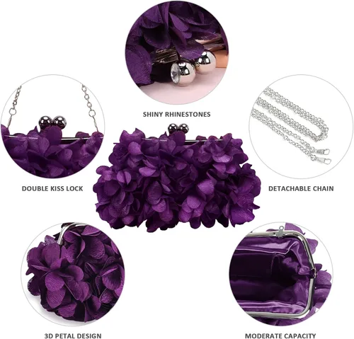 Vista 4 de LAKSMI Bolsos de noche de embrague para mujer, apliques florales, bolso formal Shouder con cadenas desmontables