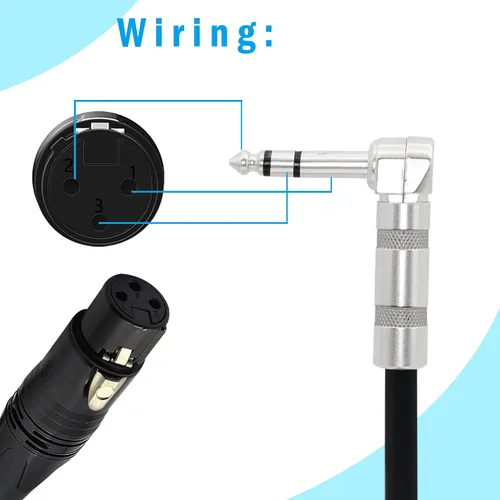 Vista 3 de Cable de 1/4 a XLR de 90 grados en ángulo recto de 0.250 in TRS macho a conector XLR hembra Cable de micrófono estéreo de audio para altavoces