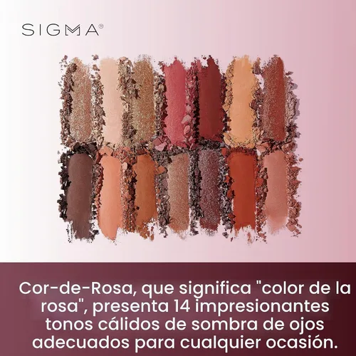 Vista 3 de SIGMA BEAUTY Cor-De-Rosa Paleta de sombra de ojos, 14 tonos con pincel de Con fórmulas construibles y mezclables en acabados mate cálido, brillante