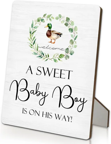 Vista 12 de Letrero azul de bienvenida para baby shower, mesa de ducha de niños y bebés, soporte de madera de 5 x 7 pulgadas, decoración de «A Sweet Baby Boy Is