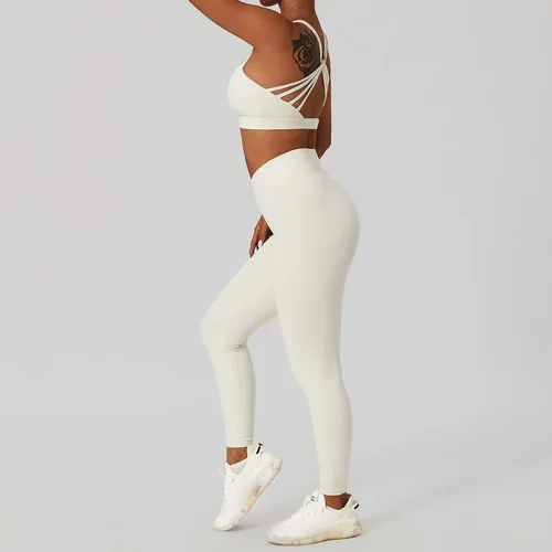 Vista 4 de ABOCIW Conjuntos de entrenamiento para mujer, 2 piezas, cintura cruzada, leggings de cintura alta, brasier deportivo con tirantes, para ejercicio