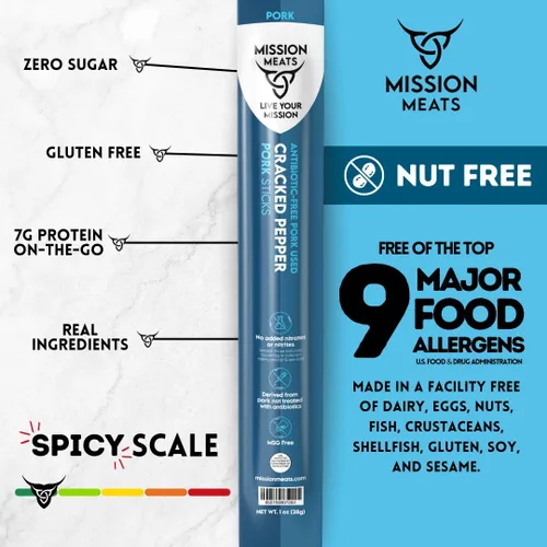 Vista 3 de Mission Meats - Palitos de cerdo de pimienta agrietada sin antibióticos sin azúcar, bocadillos keto enteros 30 sin nitratos sin nitritos, bocadillos