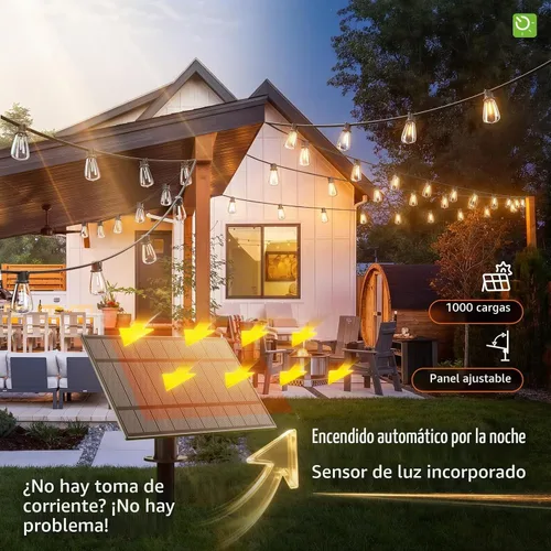 Vista 5 de KYY Luces de cadena solares de 54 (48+6) pies para exteriores con puerto USB y control remoto, impermeables e irrompibles para patio con panel