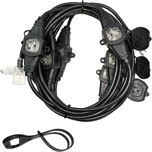Vista 15 de Cable de Extensión de Corriente de 25 Pies con 3 Clavijas, Cable SJTW Calibre 12 5-15R de Enchufe Macho a Conector Hembra, 7 Tomacorrientes