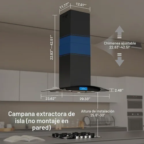 Vista 5 de FIREGAS Campana extractora negra para isla de 30 pulgadas, campana extractora de cocina para isla de 700 CFM con control táctil y por gestos