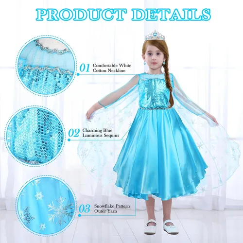 Vista 3 de WOXVM Vestido de princesa Elsa para niñas pequeñas, disfraz de Elsa de lujo para Halloween, cosplay, fiesta de cumpleaños con accesorios
