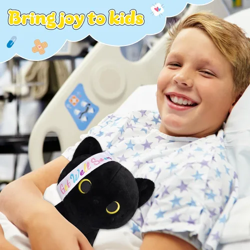 Vista 2 de Regalos para mujeres y niños, peluche de gato negro de 8 pulgadas, animales de peluche con texto en inglés "Get Well Soon", peluches de gato kawaii