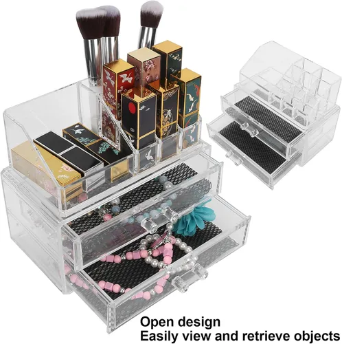 Vista 9 de Caja de almacenamiento de maquillaje, organizador transparente de dos niveles, joyería cosmética, lápiz labial, soporte para exhibición de lápiz