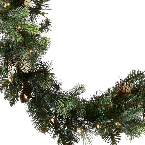 Vista 2 de National Tree Company - Guirnalda de Navidad artificial preiluminada de 9 pies de pino de Carolina, decoración navideña con conos de pino, 100 luces