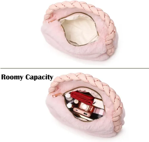 Vista 6 de Bolso de mano esponjoso para mujer, bolso de piel sintética con asa superior mullida, bolso de mano de felpa