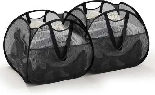 Vista 11 de TECHMILLY Cesta plegable de malla con asas fuertes, cesta de ropa de gran apertura con bolsillos laterales, cestas de almacenamiento para Blanco