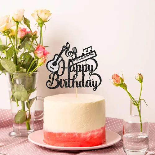 Vista 4 de Decoración para tartas de música y guitarra, piano de feliz cumpleaños, decoración de pastel para amantes de la música, suministros de fiesta