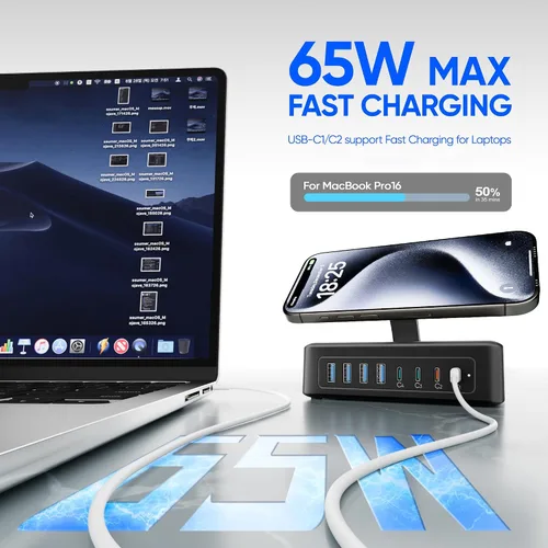 Vista 3 de Estación de carga USB de 200 W, regleta de alimentación USB C 11 en 1, 2 salidas AC y 8 puertos USB, cable de extensión de enchufe plano de 5 pies