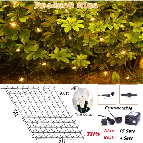Vista 2 de Meteds Red de luces LED de Navidad para exteriores, 100 luces LED de 5 x 5 pies conectables, 8 modos de malla, 29 V enchufables, impermeables