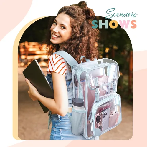 Vista 2 de mommore Mochila transparente resistente, grande, transparente, para escuela, PVC, aprobada para estadios, mochila transparente
