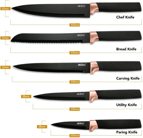 Vista 3 de elabo - Juego de cuchillos de cocina de acero inoxidable antiadherentes con soporte, 5 piezas, color negro, mango de oro rosa
