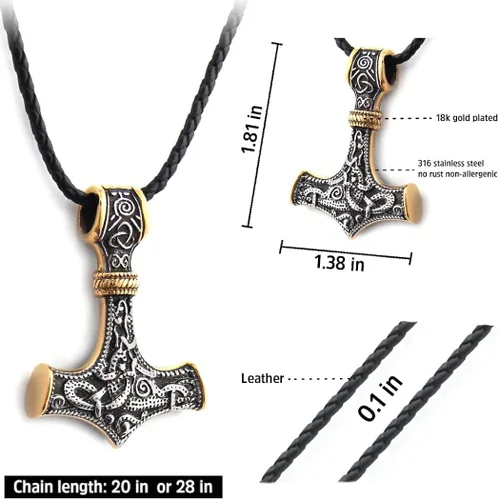 Vista 4 de BAVIPOWER Colgante de oro de 18 quilates Mjolnir nórdico vikingo, martillo de Thors para hombres y mujeres, acero inoxidable 316L, joyería