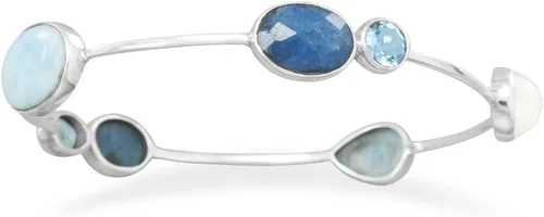 Vista 4 de Larimar, topacio azul, aguamarina teñida, piedra lunar arcoíris pulsera, Gema, larimar aguamarina