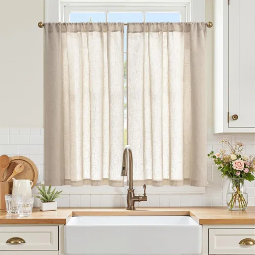 Vista 11 de Jinchan - Cortinas de cocina de lino rústico beige con bolsillo para barra, 26 x 36 pulgadas, 2 paneles