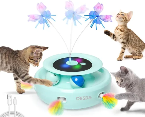 Vista 11 de ORSDA Juguete para gatos, juguete interactivo electrónico automático 3 en 1 con plumas de emboscada en movimiento, mariposa revoloteante, bolas