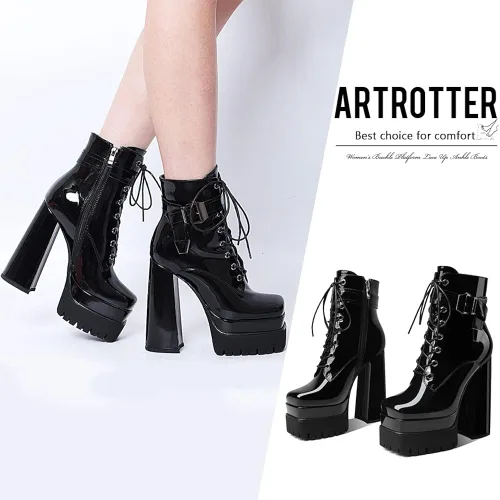 Vista 2 de Artrotter Botas de plataforma con hebilla para mujer con cordones y punta cuadrada tacón grueso botines de combate de cuero