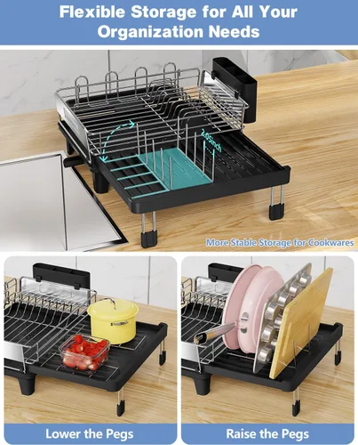 Vista 4 de Escurridor de platos expandible para encimera de cocina, acero inoxidable 304, placa retráctil abatible, ajustable multidireccional, estante