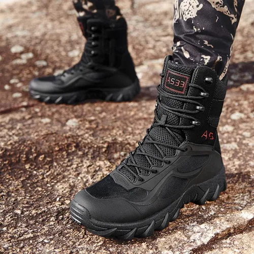 Vista 6 de Botas tácticas para hombre, botas militares de trabajo, botas de combate al aire libre para senderismo, motocicleta, escalada