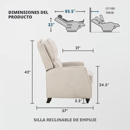 Vista 2 de Lexicon Silla Reclinable con Respaldo Empujable para Sala de Estar, Silla de Sofá Reclinable, Sillón Reclinable Moderno, Asiento Reclinable de Tela