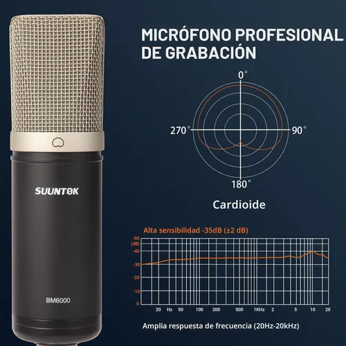 Vista 4 de SUUNTOK Micrófono de condensador XLR, kit de micrófono cardioide profesional de diafragma grande para grabación con montaje de choque, para estudio