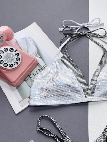 Vista 5 de YAUASOPA Bikini brillante para mujer, traje de baño de dos piezas con tanga