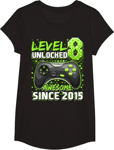 Vista 3 de Level 8 Unlocked Awesome 2015 Video Game 8th Birthday Boy T-Shirt, Negro