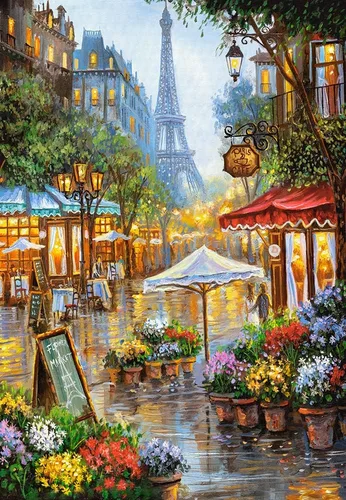 Vista 2 de Castorland Rompecabezas de 1000 piezas, flores de primavera, París, Francia, colorido rompecabezas de la torre Eiffel y café, rompecabezas