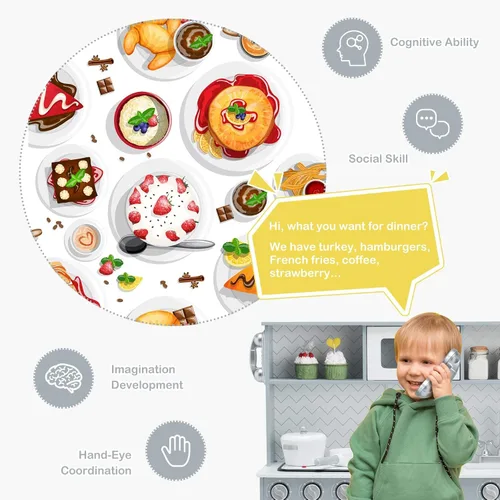 Vista 7 de Costzon Juego de Cocina para Niños, Set de Juego de Cocina de Madera de Simulación con Estufa, Refrigerador, Microondas, Fregadero Removible
