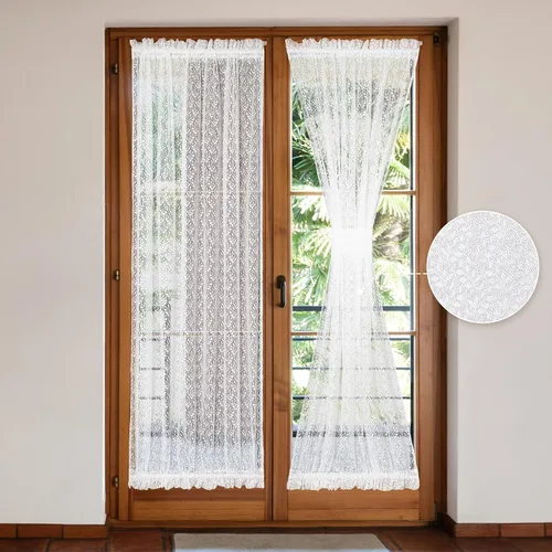 Vista 10 de Juego de 2 cortinas traslúcidas blancas para puerta francesa, 25 x 72 pulgadas, cortinas de gasa de encaje con ramas y hojas botánicas para patio