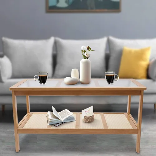 Vista 5 de Mesa auxiliar rectangular de 2 niveles de mediados de siglo con parte superior de cristal y estante de almacenamiento rústico, soporte de TV