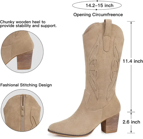 Vista 6 de SHIBEVER Botas vaqueras para mujer Medio Botas vaqueras negras de pantorrilla ancha con bordado occidental de tacón alto con punta redonda