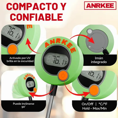 Vista 5 de Termómetro digital de temperatura HVAC con pantalla LCD, cubierta fosforescente, soporte magnético, Fahrenheit y Celsius, pantalla plegable